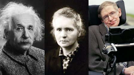 Da dir. para a esq.: Albert Einstein, Marie Curie e Stephen Hawking, três grandes nomes da Física moderna.